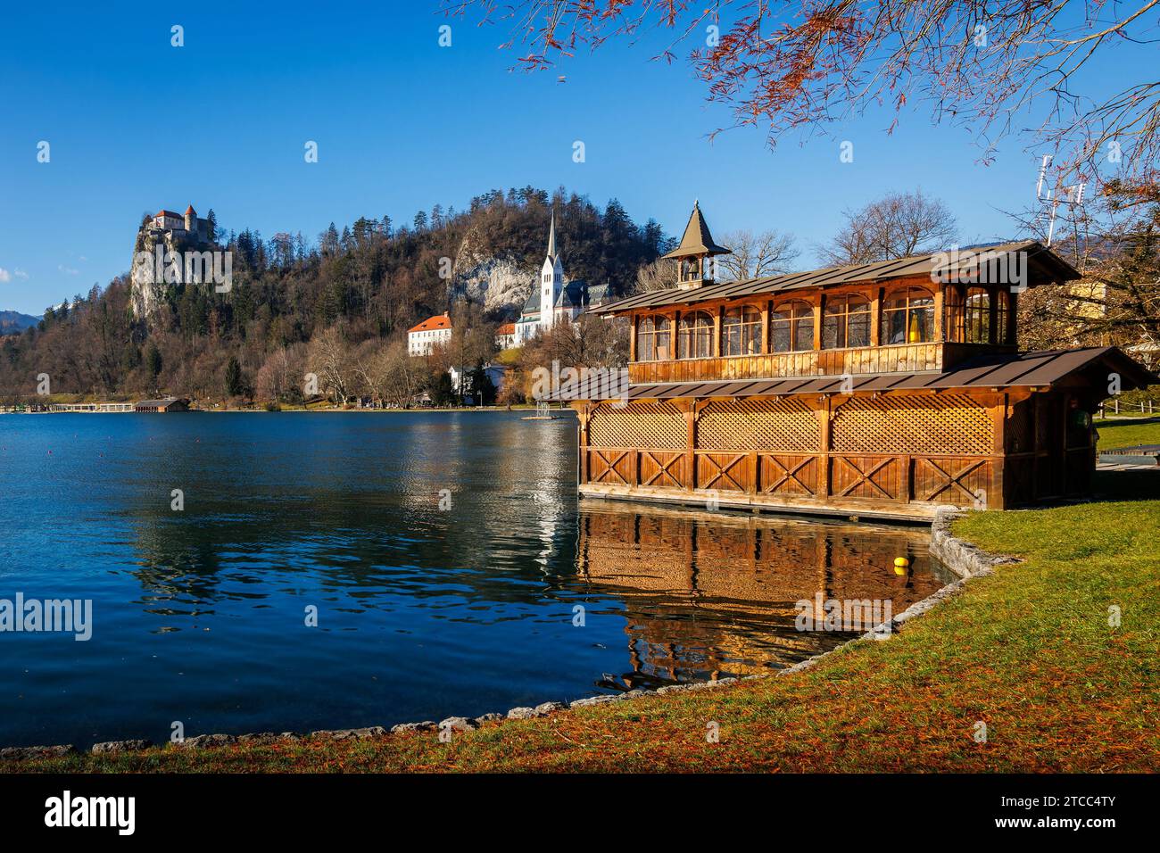 Beautiful Bled lake,view with old castle and mountains. Bled, Slovenia 7 december 2023 Stock Photo