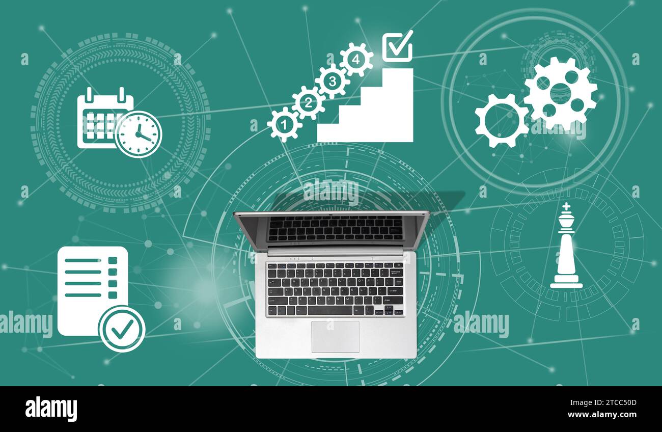 Top view of laptop with symbol of action plan concept Stock Photo - Alamy