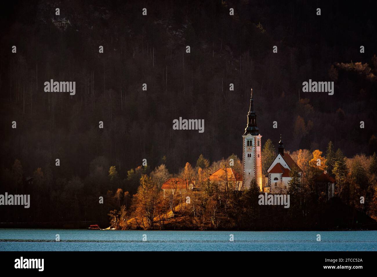 autumn view of lake Bled island in Slovenia Stock Photo