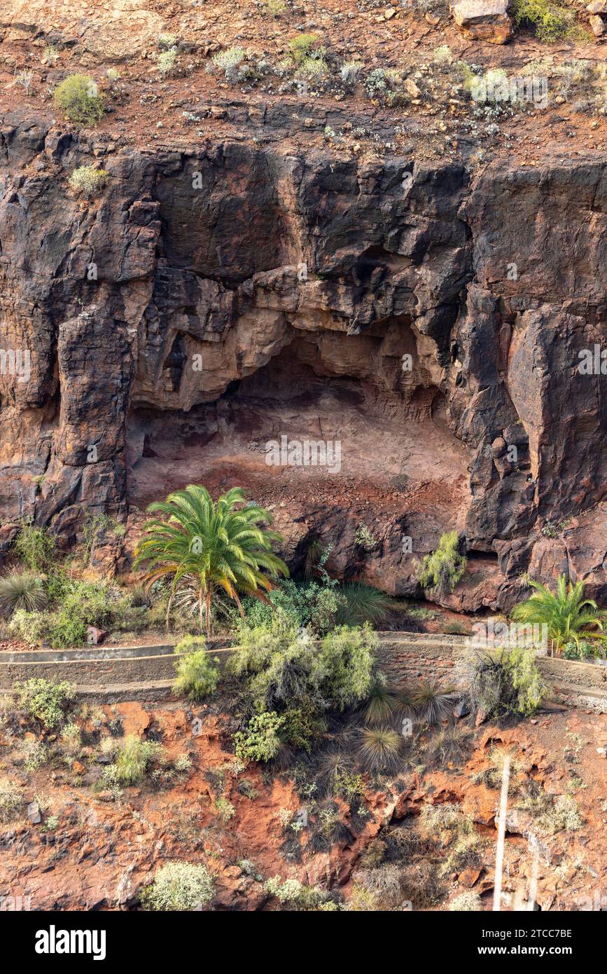 Barranco y Canal de Fataga, irrigation canal in a ravine, Fataga, San Bartolome de Tirajana, Las Palmas province, Gran Canaria, Canary Islands Stock Photo