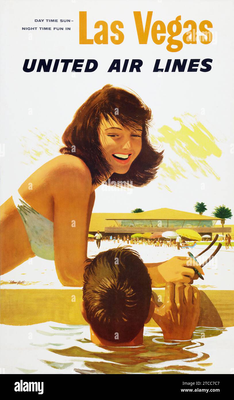 Vintage travel poster - United Airlines Las Vegas Advertising Poster (United Airlines, 1960s) Woman at the pool Stock Photo