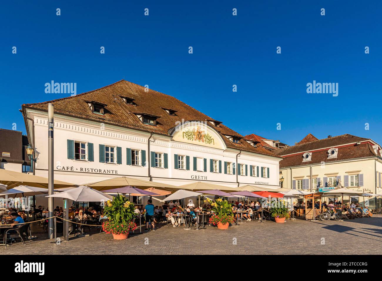 Restaurant Markthalle Greth on the lakeside promenade of Ueberlingen, Lake Constance, Baden-Wuerttemberg, Germany Stock Photo