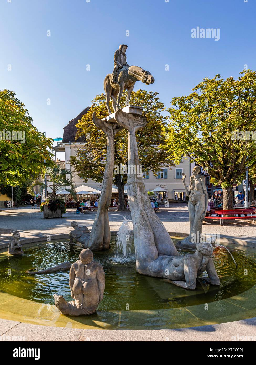 The Lake Constance Rider, a fountain by Peter Lenk in Ueberlingen, Lake Constance, Baden-Wuerttemberg, Germany Stock Photo