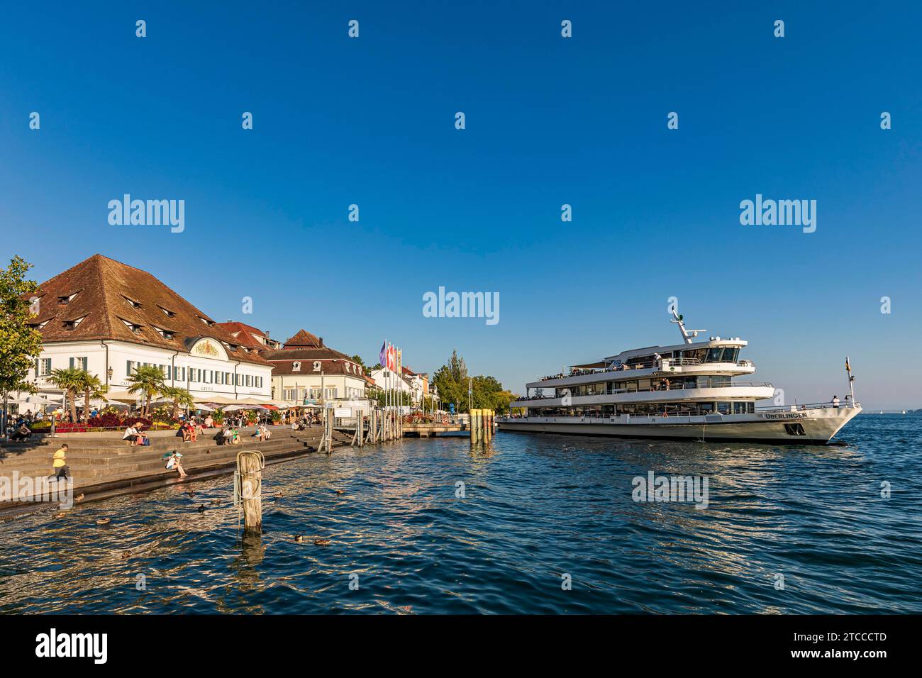 Restaurant Markthalle Greth und Schiff am Landungsplatz, lakeside promenade, Ueberlingen, Lake Constance, Baden-Wuerttemberg, Germany Stock Photo