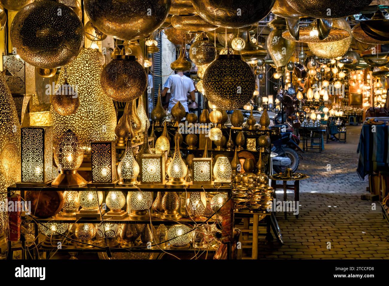 Marrakech, Morocco: lamp store at the souk of the Marrakech Medina. Great variety of lamps for sale at a Maghreb market. Moroccan handcraft. Stock Photo