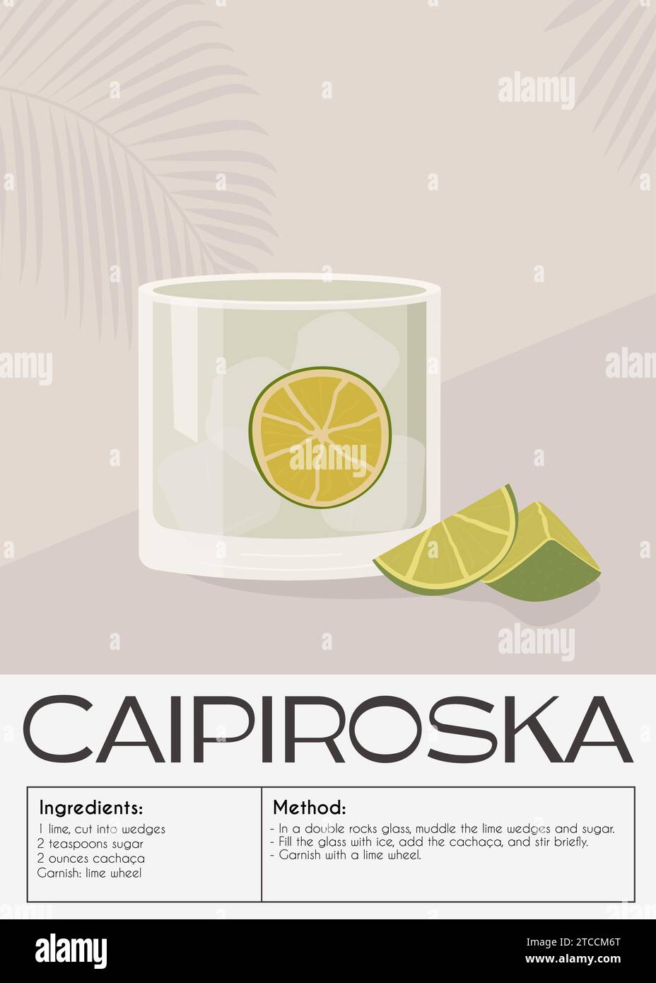 Caipiroska Cocktail garnished with slice of lemon. Summer aperitif