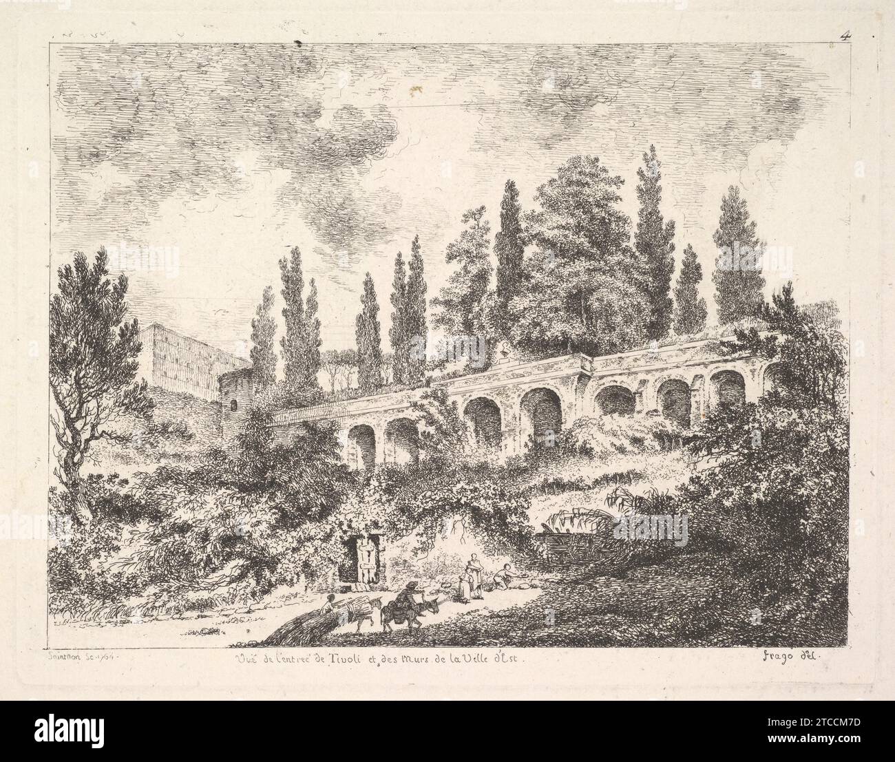View of the entrance to Tivoli and the walls of the Villa d'Este, horsemen approaching the entrance at bottom center, arched entrance in the middleground, cyrus trees and other plants surrounding 2012 by Jean Claude Richard, Abbe de Saint-Non Stock Photo