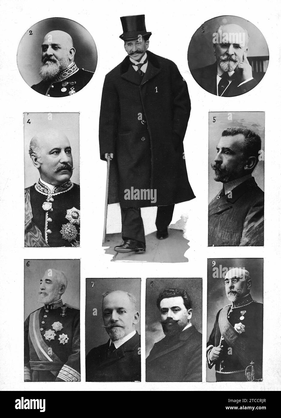 12/31/1911. The new Government. 1. - the president of the Council, Mr. Count of Romanones. 2. - the Minister of Grace and Justice, Mr. Antonio Barroso. 3. - the Minister of Public Instruction, Mr. Antonio López Muñoz. 4. - the Minister of State, Mr. Juan Navarro Reverter. 5. - the Minister of the Navy, Mr. Amalio Gimeno. 6. - the Minister of War, General Agustín Luque. 7. - the Minister of Development, Mr. Miguel Villanueva. 8. - the Minister of the Interior, Mr. Santiago Alba. 9. - the Minister of Finance, Mr. Félix Suárez Inclán. Photo: Calyache, Franzen. Credit: Album / Archivo ABC / Biedma Stock Photo