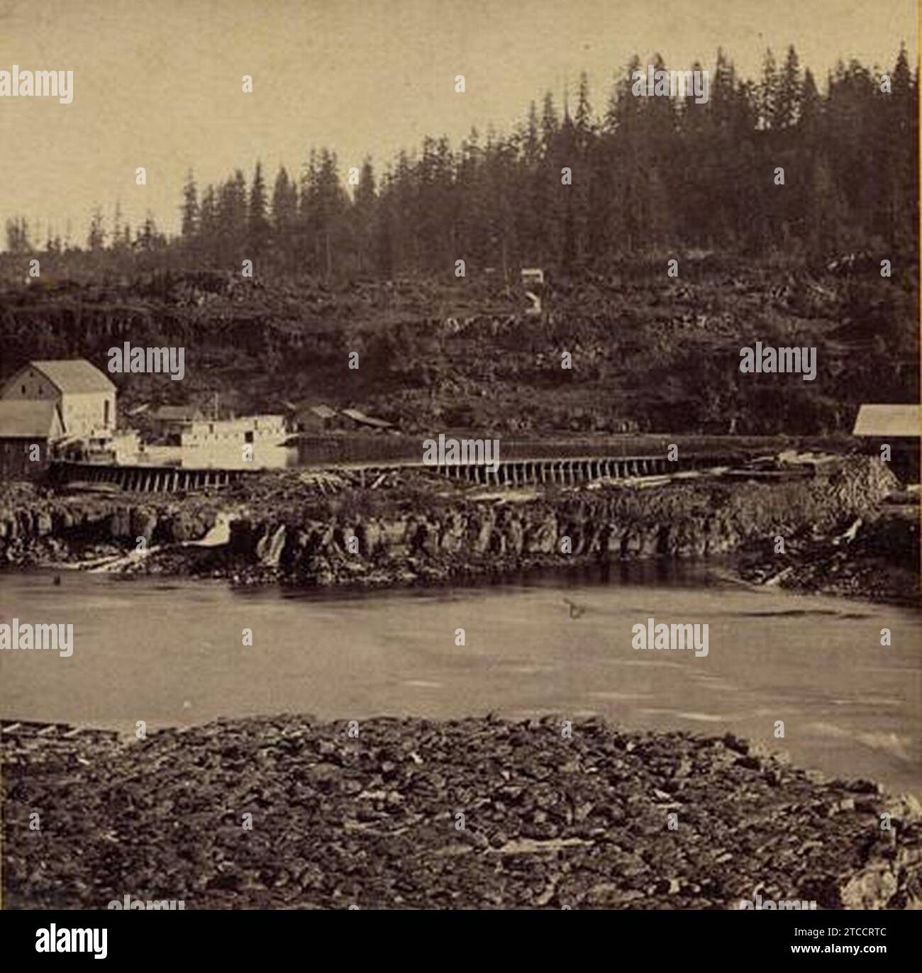 Willamette Falls and Oregon City boat basin, looking east, 1867. Stock Photo
