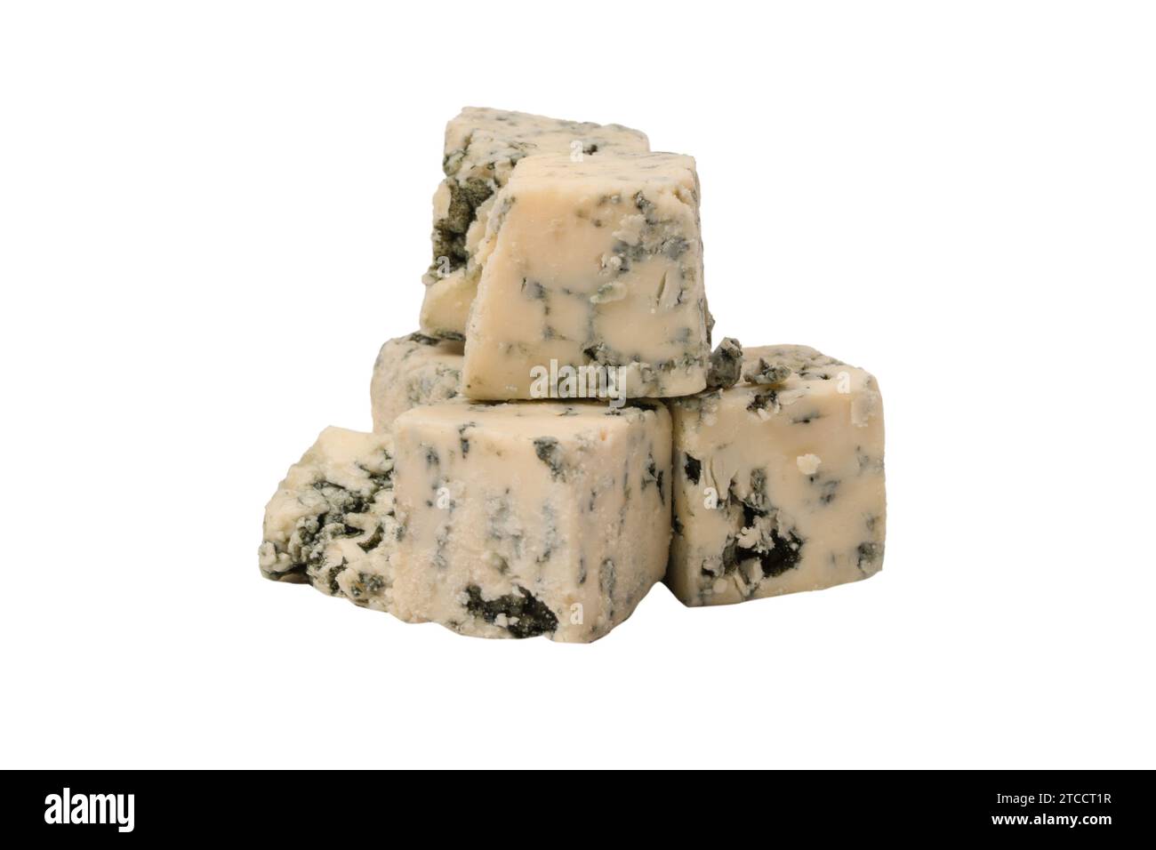 Blue cheese cubes isolated on a white background. Top view Stock Photo