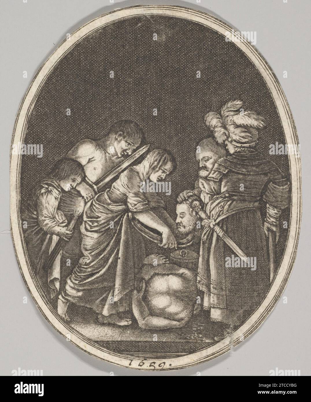 Salome receiving the head of John the Baptist, surrounded by three men and a child bearing a torch, the Baptist's body lies on the ground, an oval composition 2012 by Hendrick Goudt Stock Photo