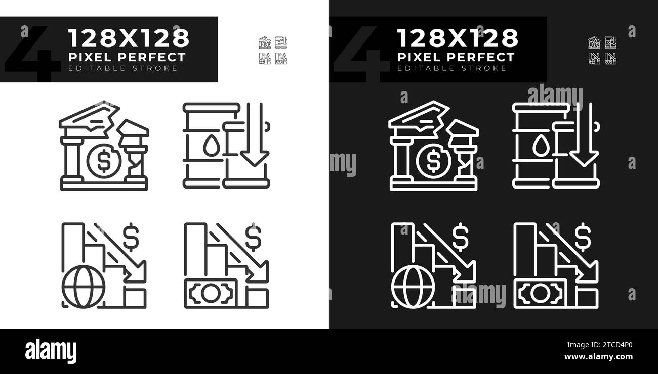 2D pixel perfect light and dark economic crisis icons set Stock Vector ...