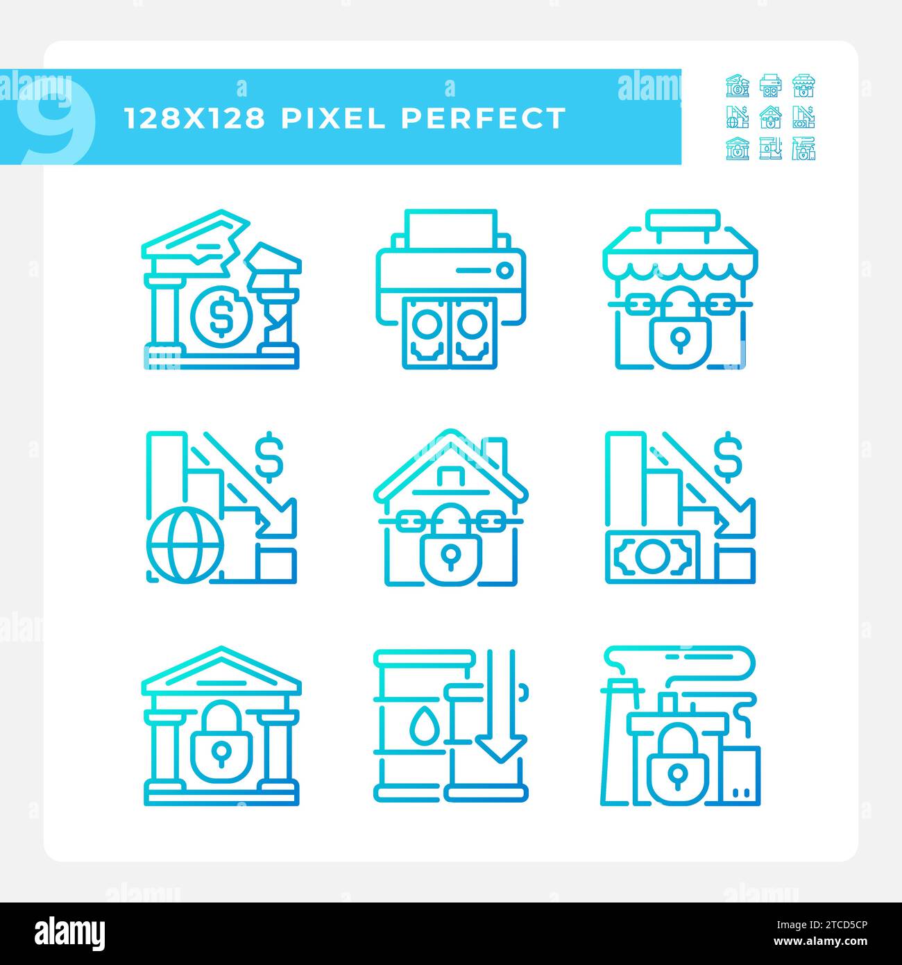 2D pixel perfect gradient economic crisis icons Stock Vector