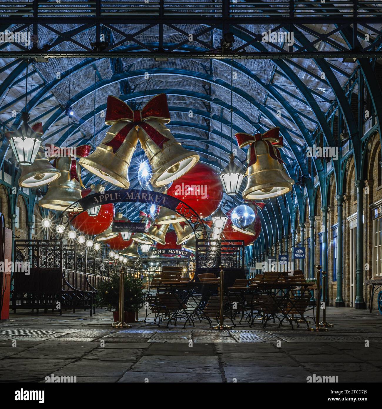 The giant jingle bells over the Apple Market in Covent Garden Stock