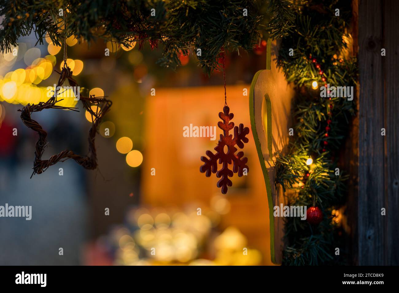 Christmas Market Decoration and lights Stock Photo