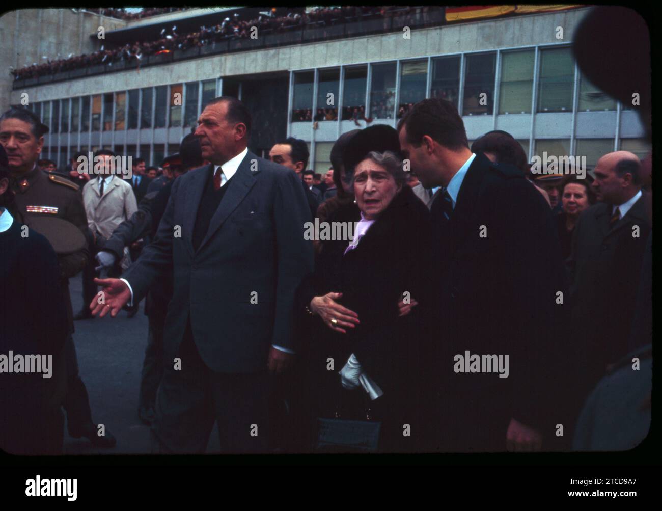 Madrid, 02/11/1968. Queen Victoria Eugenia visits Madrid on the occasion of the birth of her great-grandson, the Infante Don Felipe. In the image, farewell at Barajas Airport. With her, her son, Don Juan de Borbón, and her grandson, Prince Juan Carlos. Credit: Album / Archivo ABC / Jaime Pato,Álvaro García Pelayo,José Sánchez Martínez Stock Photo