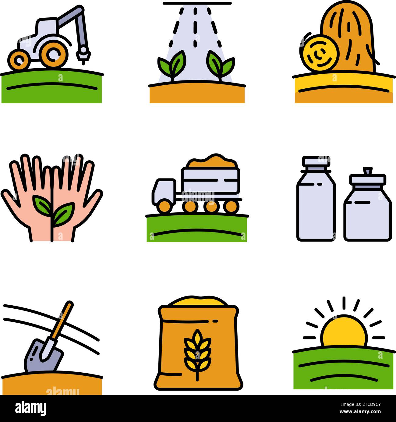 Set of Agriculture and Farming Color Icons. Vector farmers market icons. Modern agriculture logo symbol collection. Organic farming pictogram illustra Stock Vector