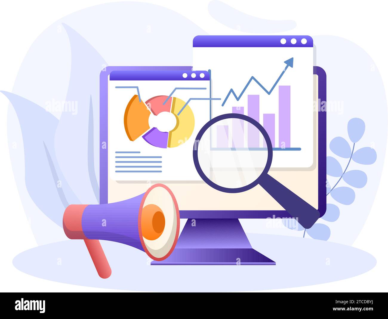 Market analytics illustration. Flat vector design statistical and Data analysis for business finance investment concept with monitor graph dashboard Stock Vector