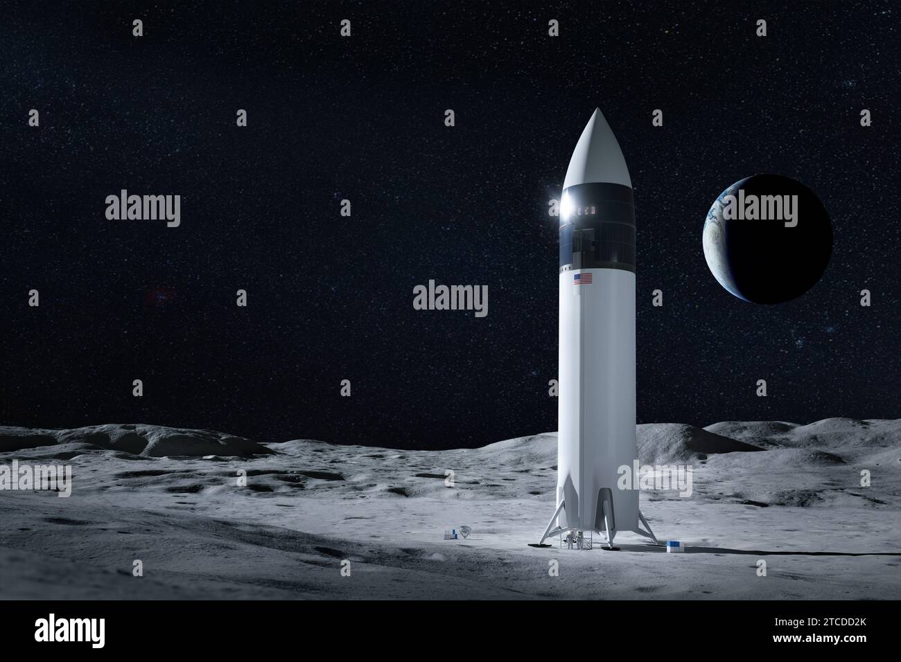 Starship spacecraft on Moon surface. Artemis space mission. Elements of this image furnished by NASA. Stock Photo