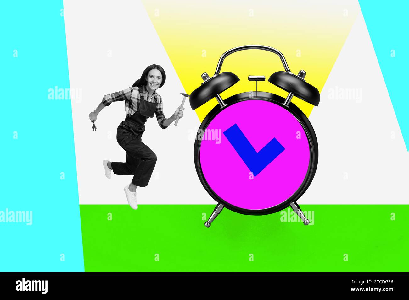 Artwork collage image of mini black white effect handy woman run fast