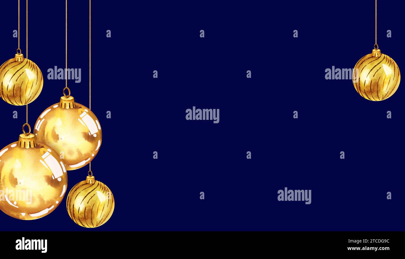 watercolor illustration of Christmas tree toys with shiny gold balls, golden glitter balls, frame with Christmas decoration on dark blue background, f Stock Photo