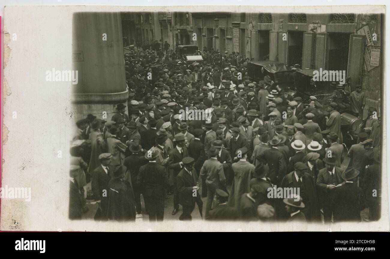 Santander, June 1914. Maurist rally in Santander. The public leaving the theater after the rally, and at the moment when shouts of 'Maura, no!' were raised, which caused alarm. Credit: Album / Archivo ABC / Samot Stock Photo