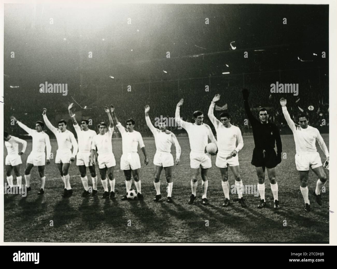 Munich (Germany), 11/18/1966. European Cup match played at the Grünwalder Stadion, between 1860 Munich and Real Madrid, which ended with a 1-0 result with a local victory. In the image, the white lineup, Amancio, Grosso, De Felipe, Pirri, Serena, Félix Ruiz, Sanchis, Zoco, Pachín, Betrancort and Gento. Credit: Album / Archivo ABC Stock Photo