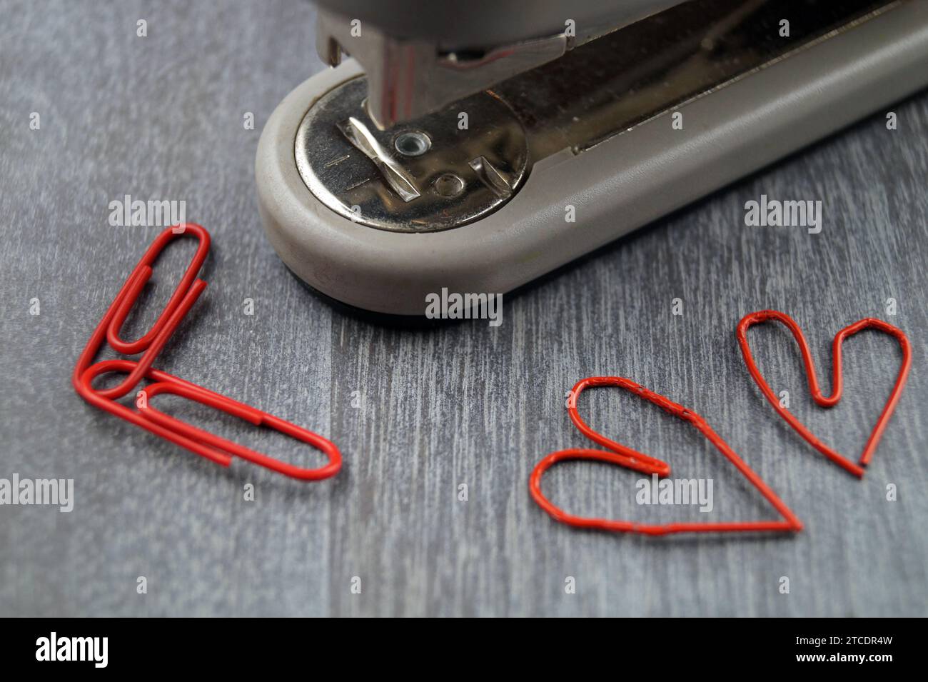 stapler with red paper-clips, two of them heart-shaped, love in the office Stock Photo