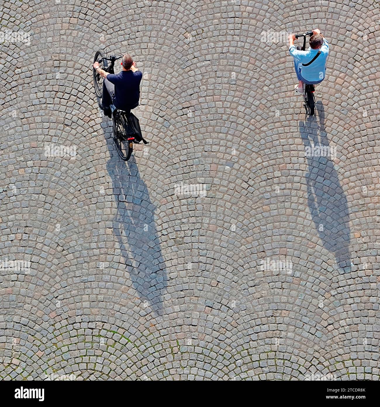 two cyclists from above, Belgium, West Flanders, Bruegge Stock Photo