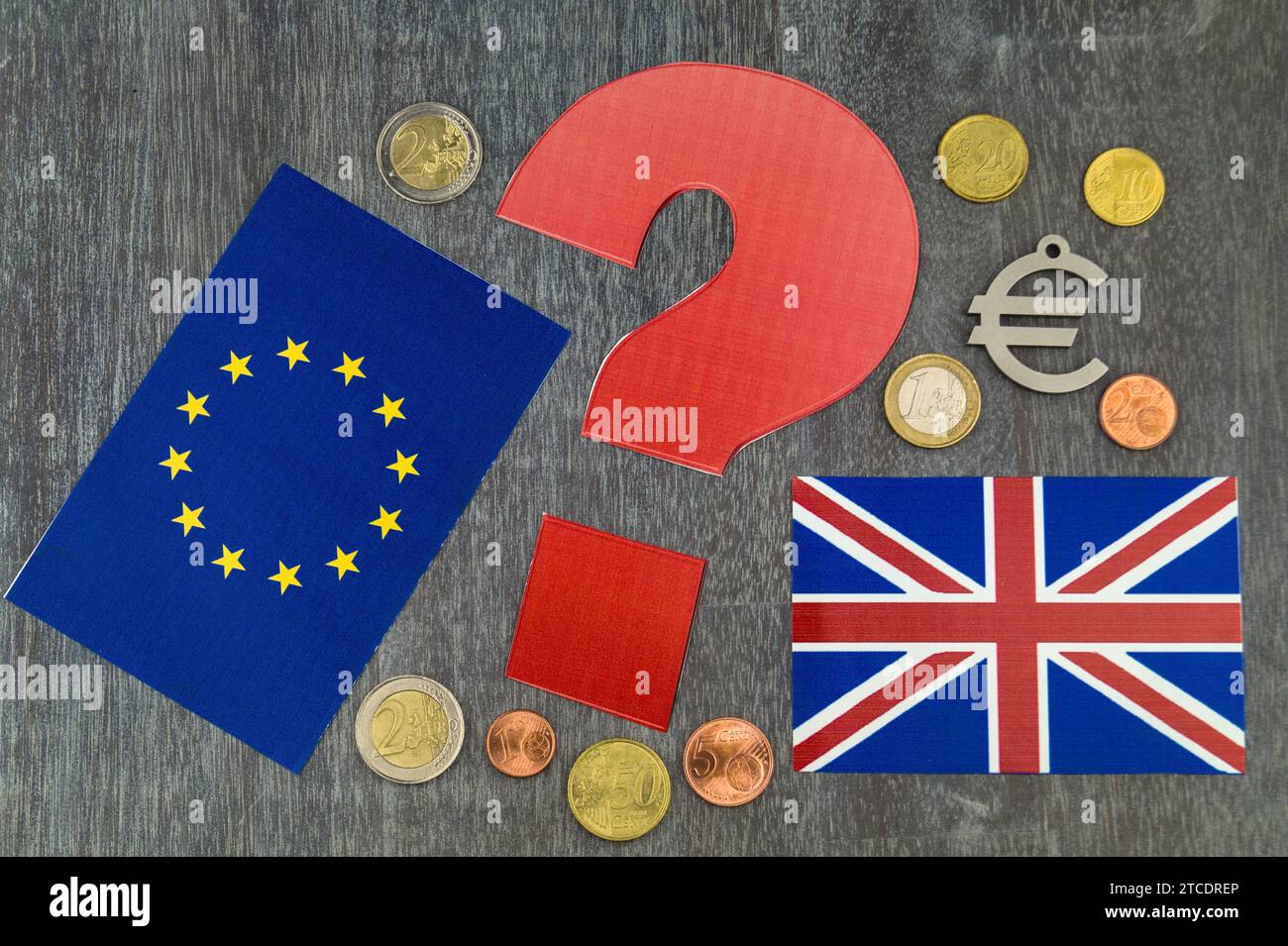 flags of EU and Great Britain with Euros, Euro sign and question mark