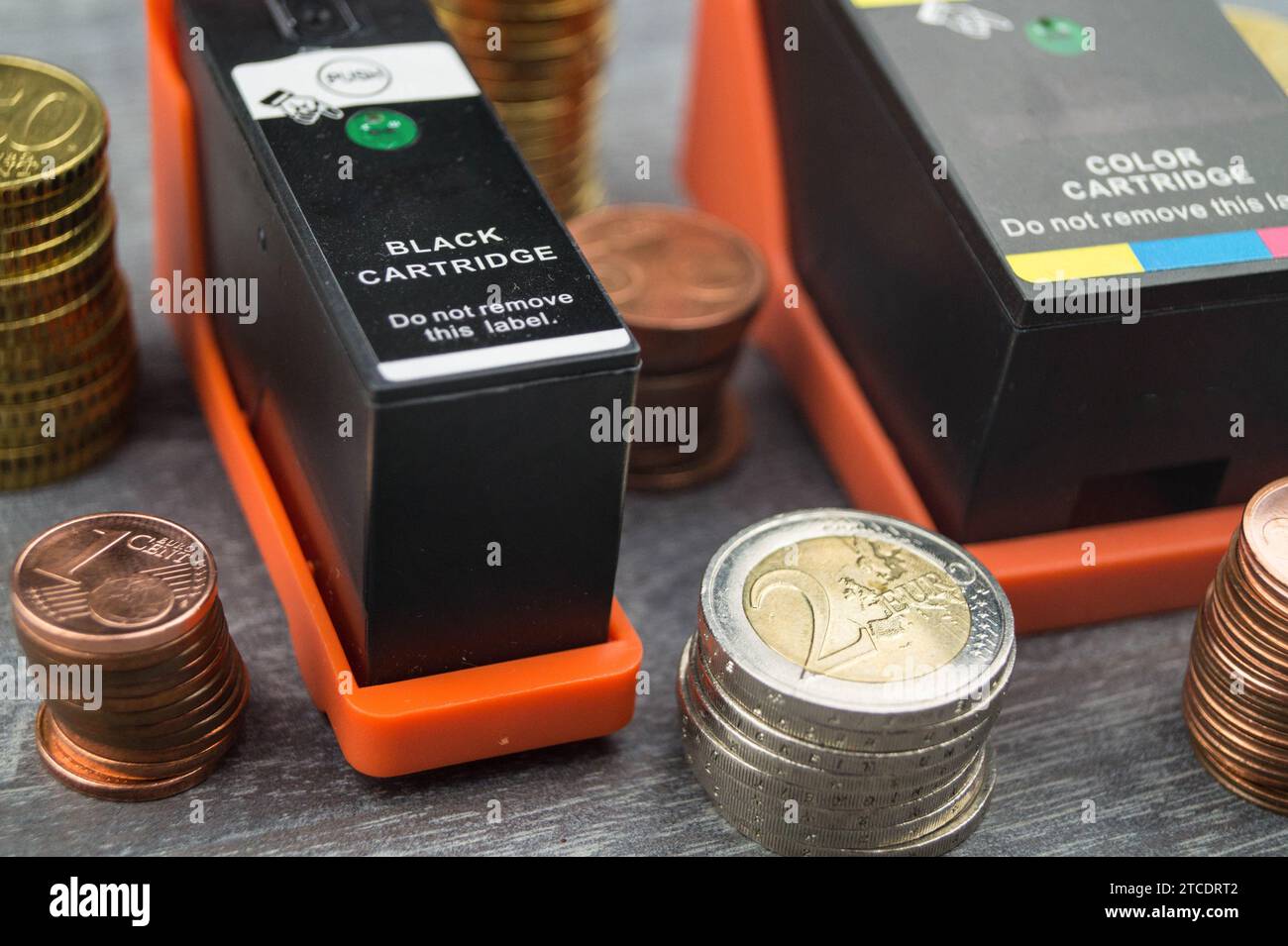 ink cartridges with Euros, symbol picture for print costs Stock Photo