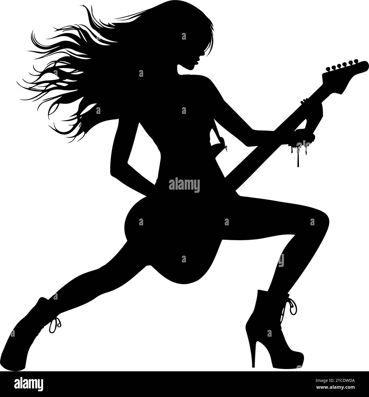 Silhouette of a woman playing rock guitar. vector illustration Stock Vector