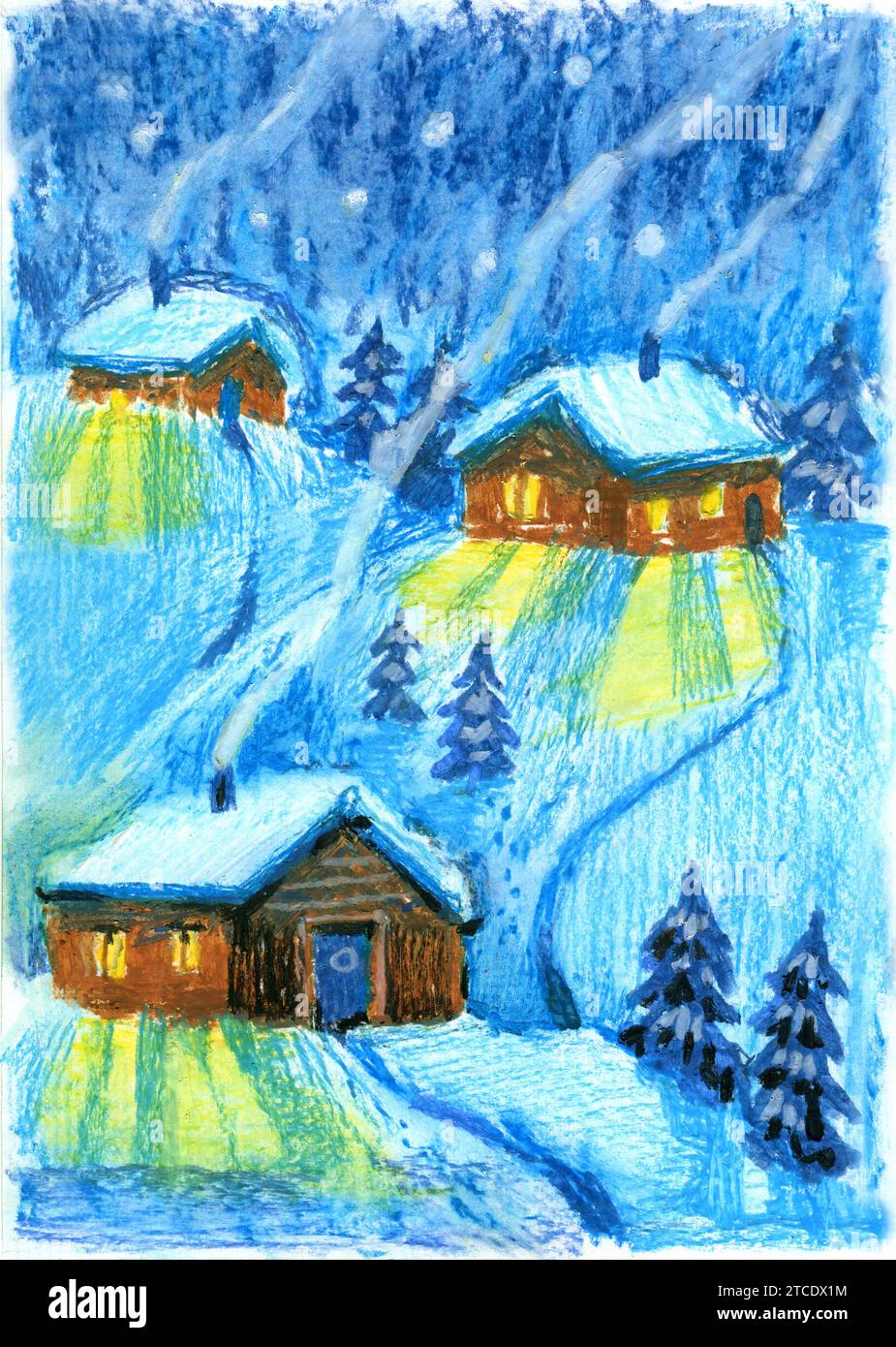 Scandinavian winter landscape with traditional wooden houses, coniferous trees. Pastel hand drawn natural illustration Stock Photo