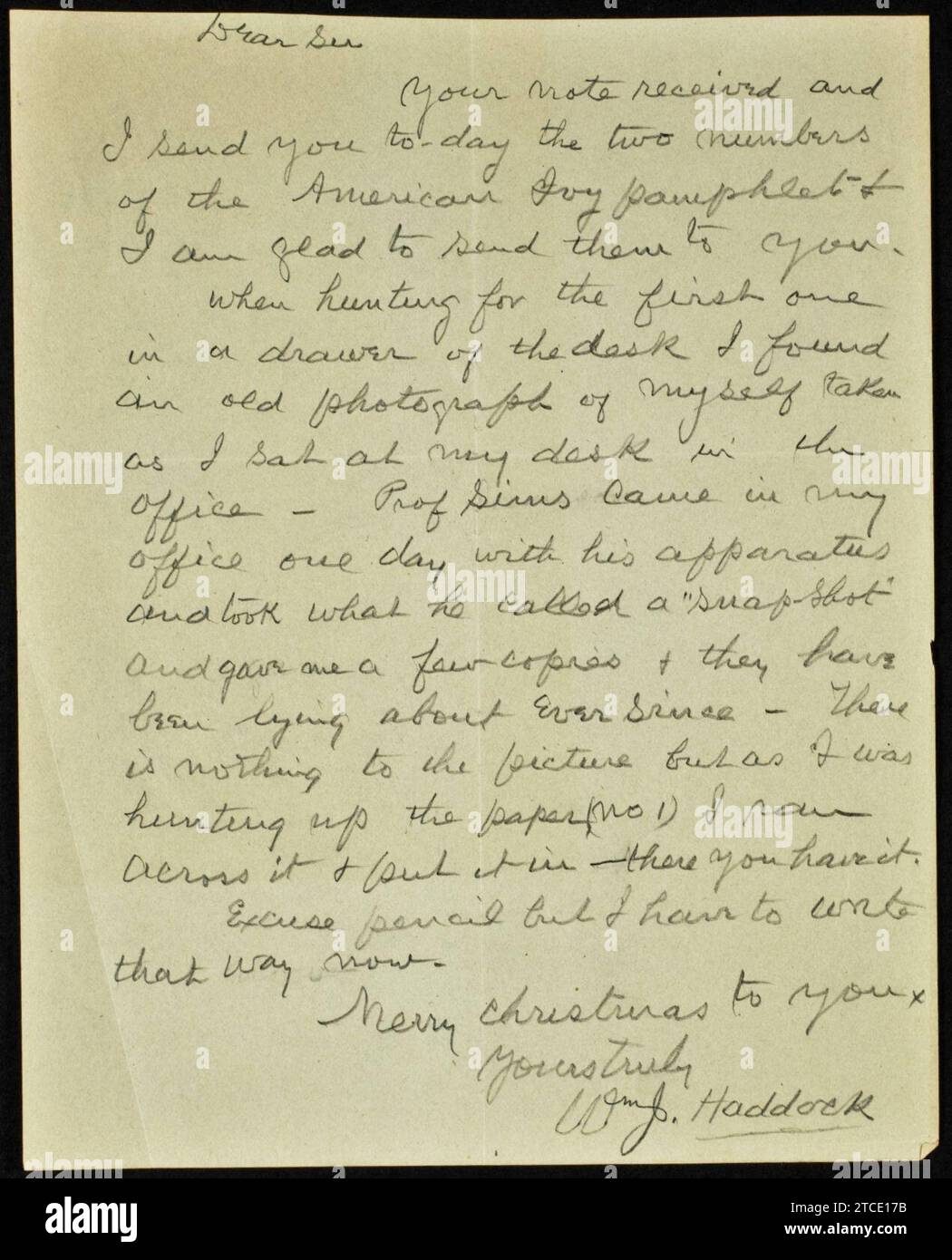 William J. Haddock letter and photograph to ''Dear Sir'', 1905 Stock Photo