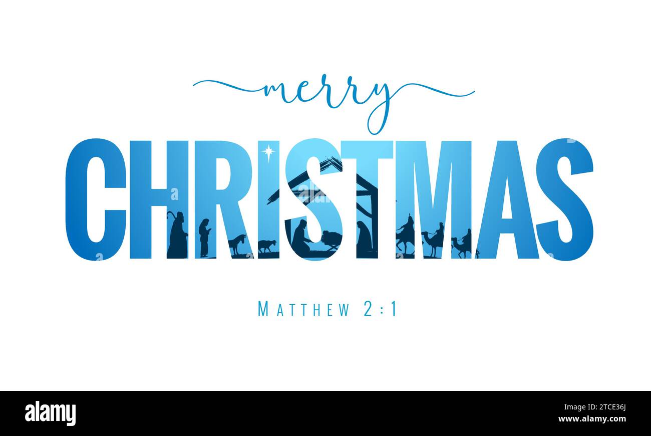 Merry Christmas typography card with nativity scene. Text merry ...