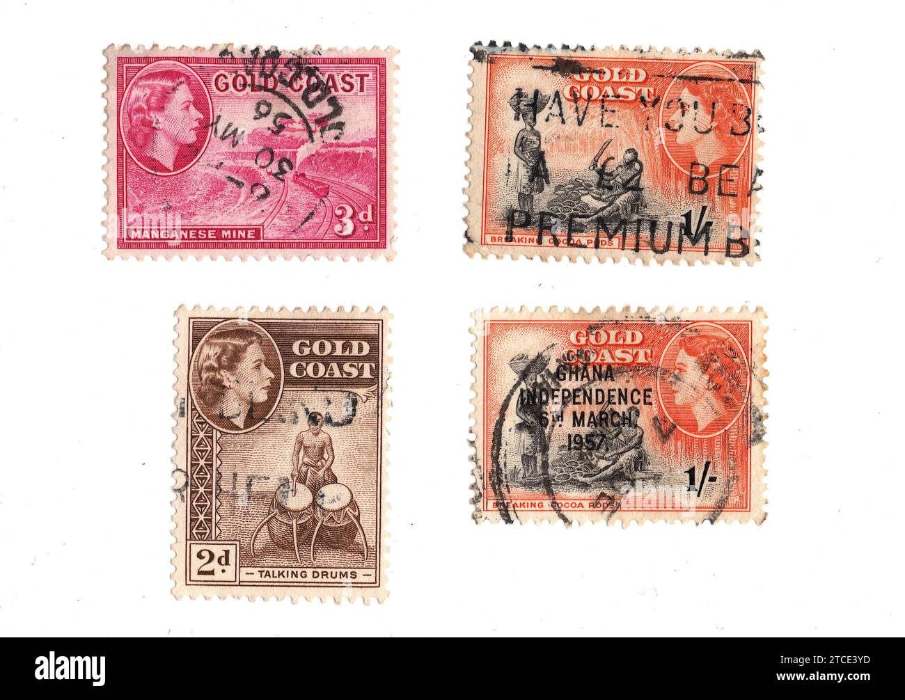 A montage of vintage postage stamps from Gold Coast isolated on a white ...
