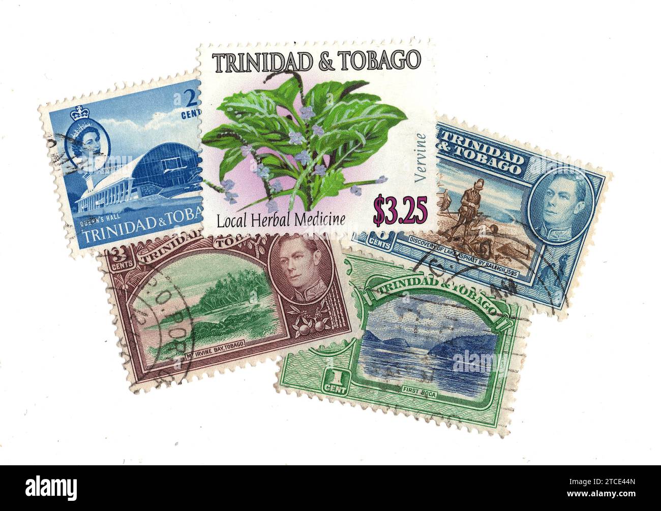 A montage of vintage postage stamps from Trinidad and Tobago isolated ...