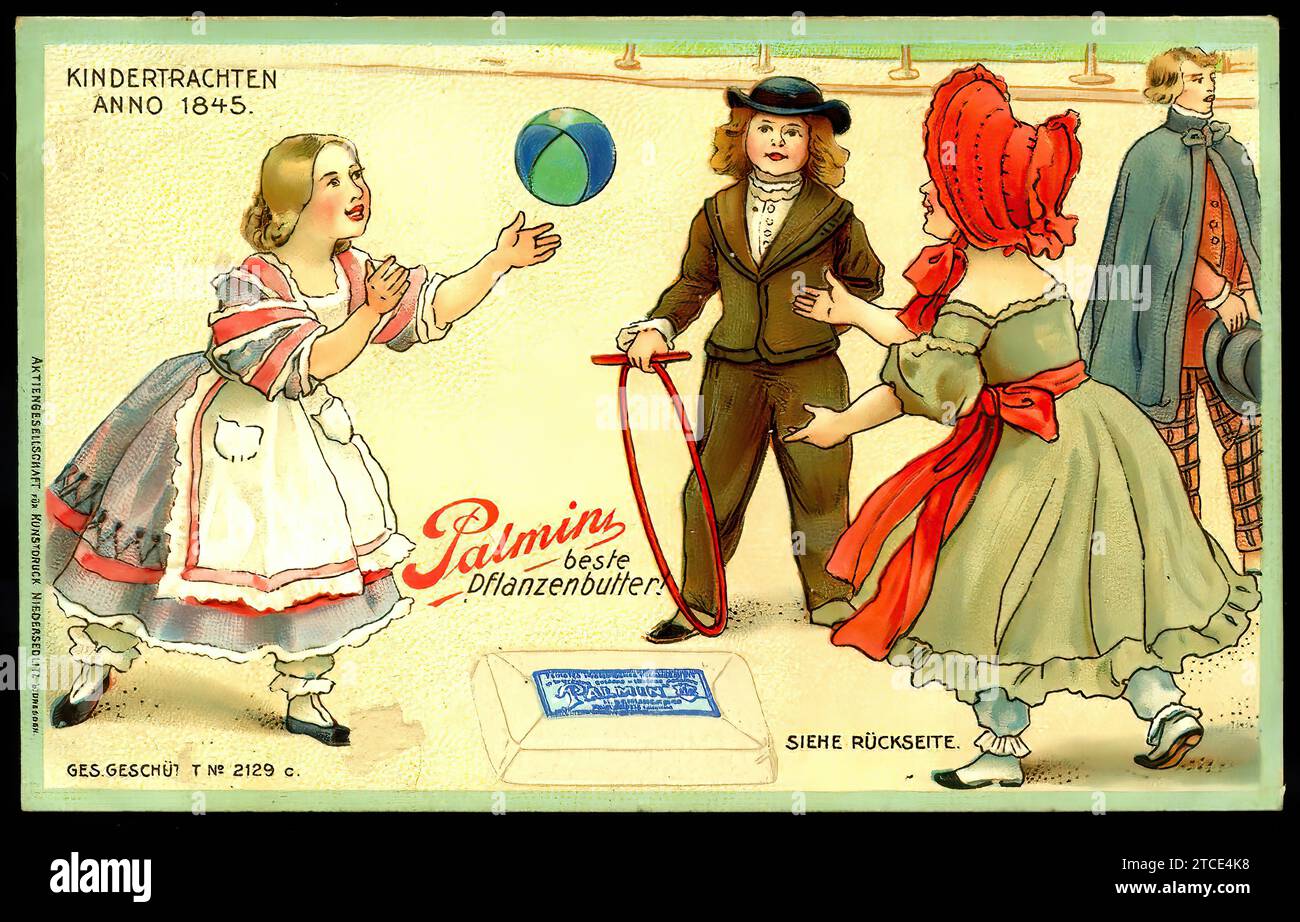 Children's Costumes 1845 - Vintage German Tradecard Stock Photo