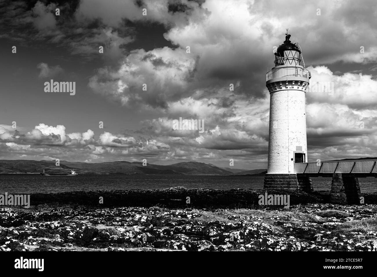 Rubha nan Gall in Black and White, Tobermory Lighthouse, Tobermory, Isle of Mull, Scotland, UK Stock Photo