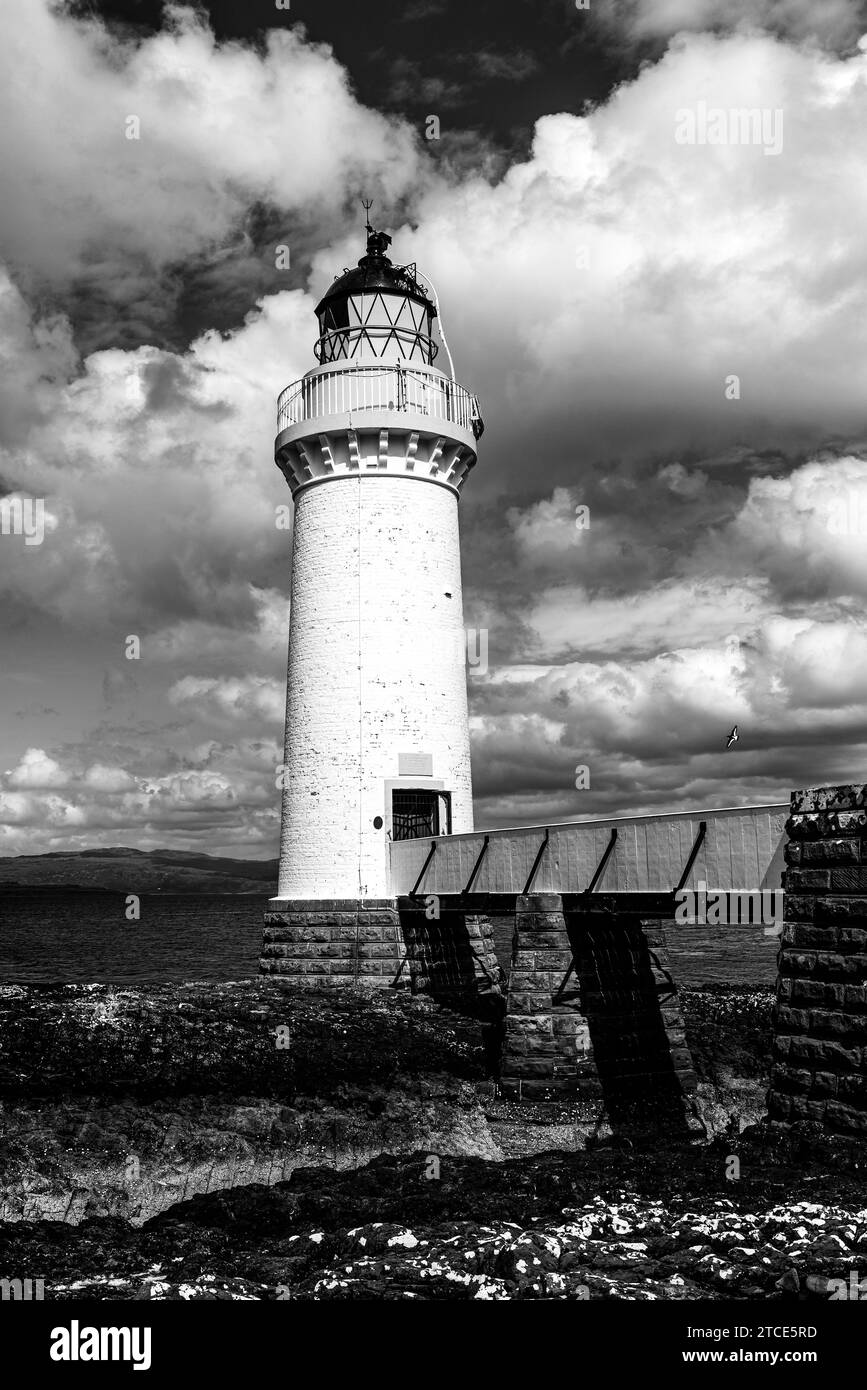 Rubha nan Gall in Black and White, Tobermory Lighthouse, Tobermory, Isle of Mull, Scotland, UK Stock Photo