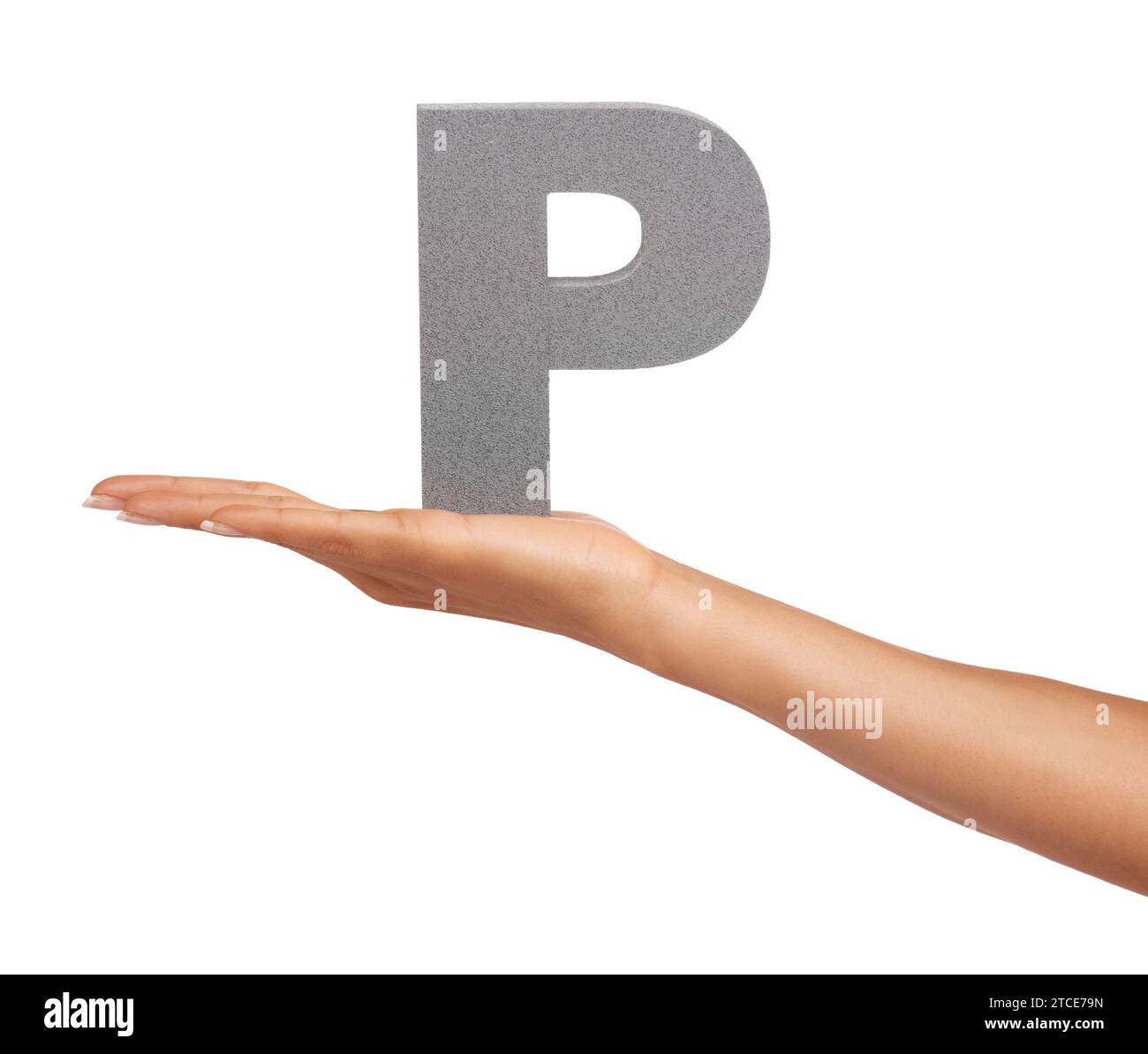 Woman, hand and font or alphabet in studio for advertising, learning or teaching presentation. Sign, letter or character for marketing, text or Stock Photo
