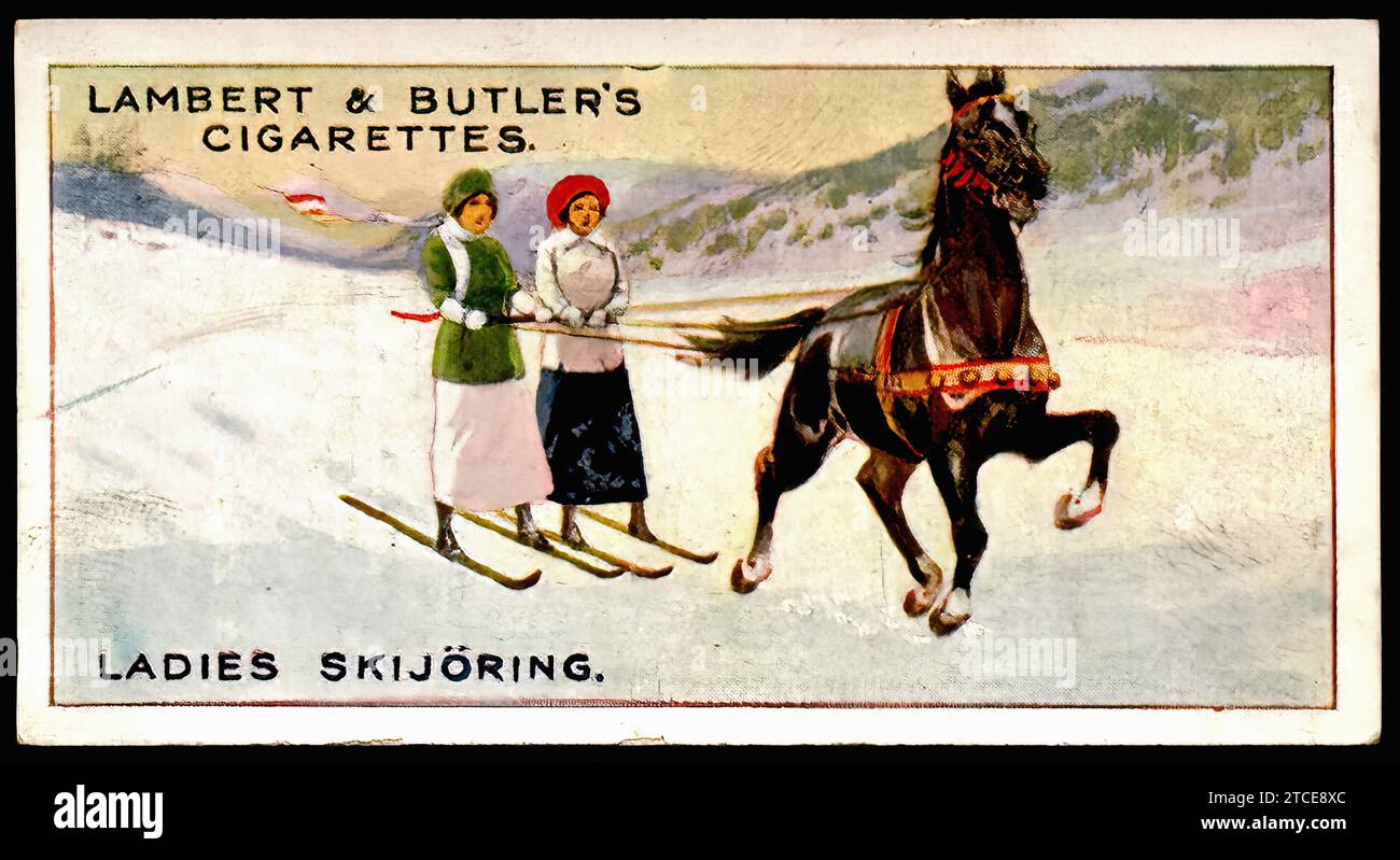 Ladies Skijoring - Vintage Cigarette Card Stock Photo