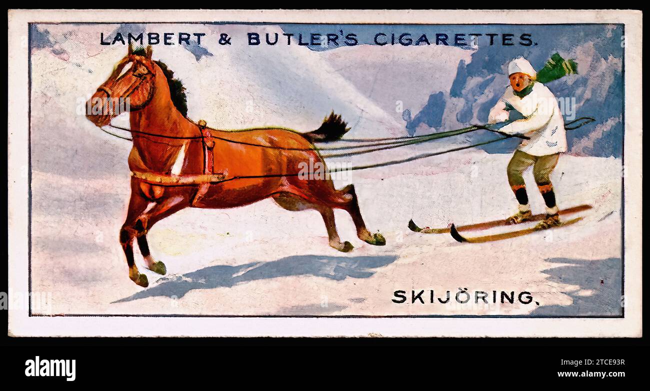 Skijoring - Vintage Cigarette Card Stock Photo