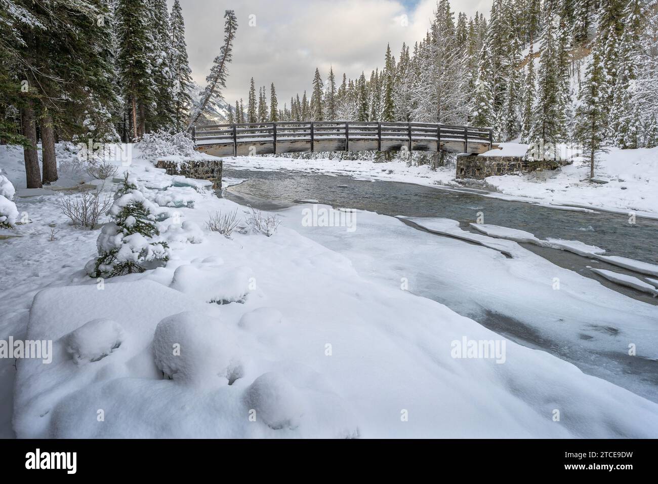 Winter view of a footbridge over the Spray River in Banff National Park, Alberta, Canada Stock Photo
