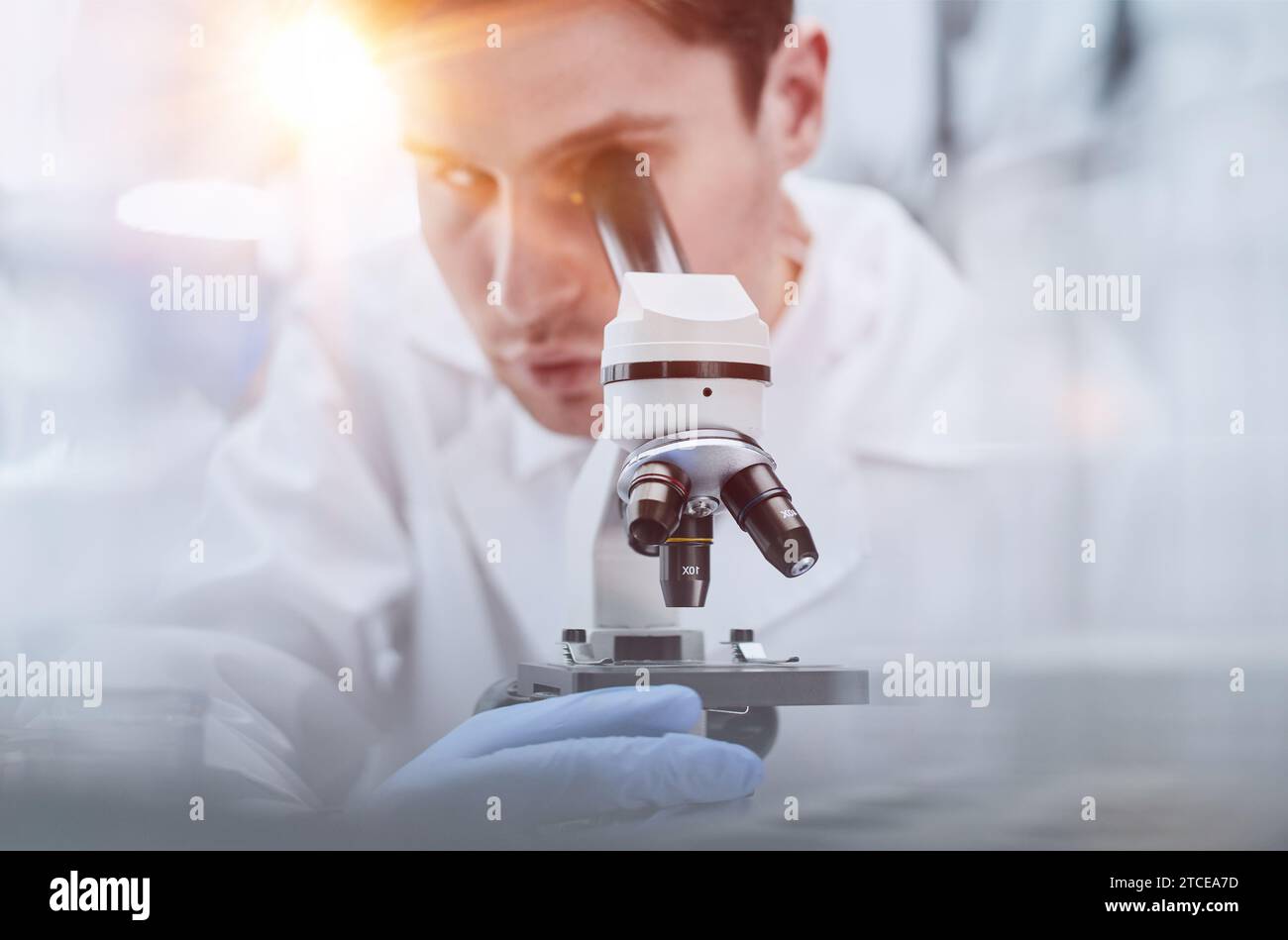 close up. the scientist looks through the microscope Stock Photo