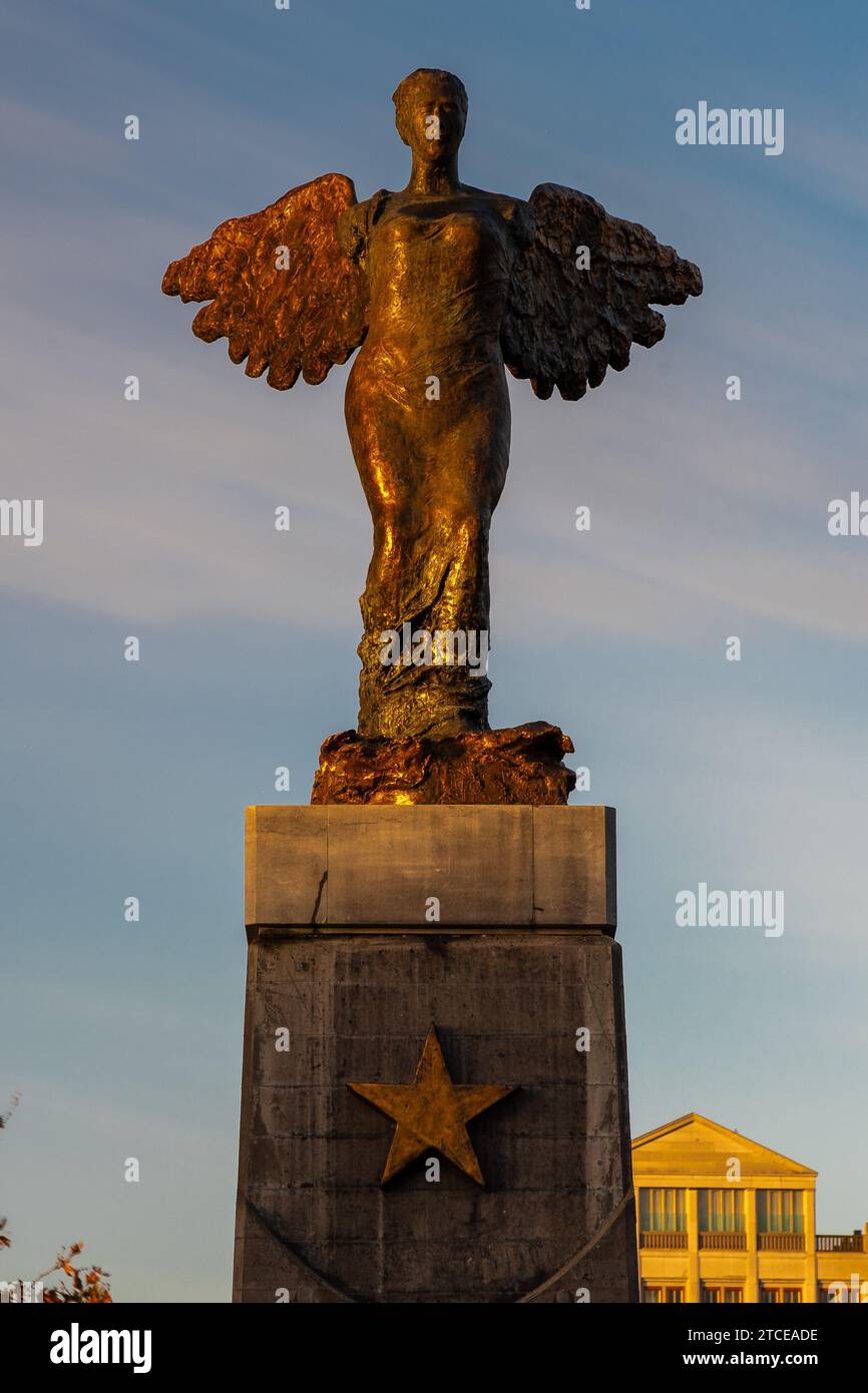 The Angel of Maastricht created by artist Wil van der Laan. The statue welcomes visitors to town and protects them with the wings wide open. Stock Photo