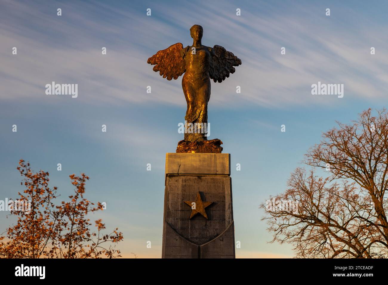 The Angel of Maastricht created by artist Wil van der Laan. The statue welcomes visitors to town and protects them with the wings wide open. Stock Photo