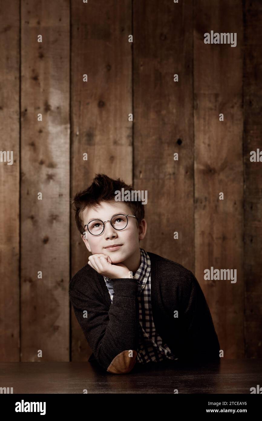 Ideas, smart and youth child thinking of mockup space development ...