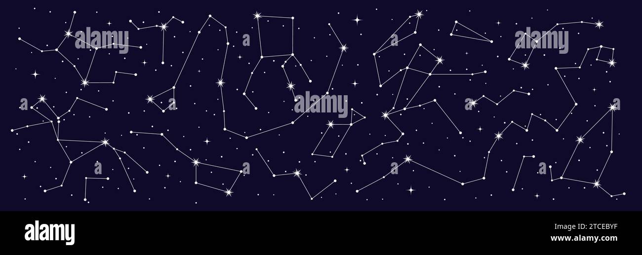 Mystic astrology, stars constellation border of night sky map, vector starry background. Star zodiac signs in space galaxy for astrological horoscope, esoteric astrology and planetary astronomy Stock Vector
