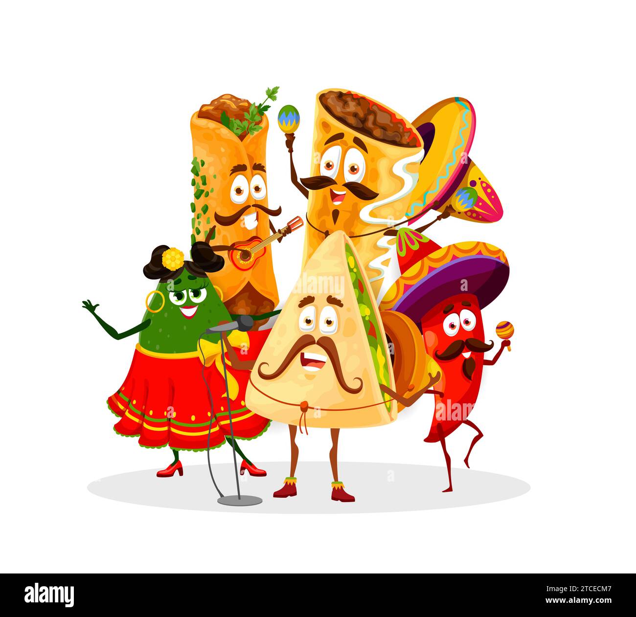 Cartoon Mexican Tex Mex cuisine dancing characters for Mexico holiday